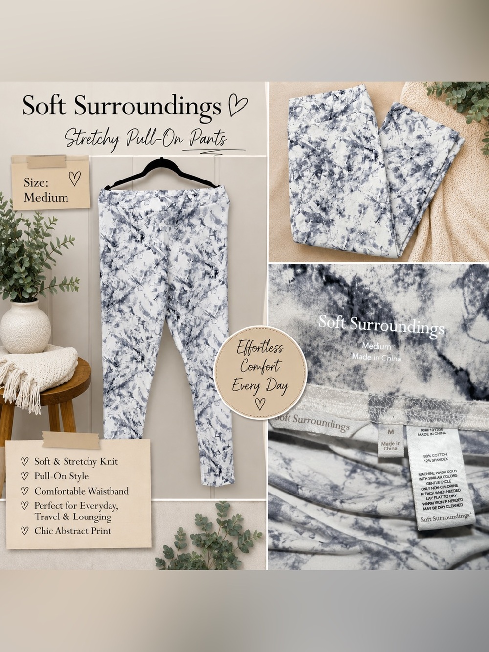 Soft Surroundings Stretch Knit Pull-On Pants gray and white Print Size Large